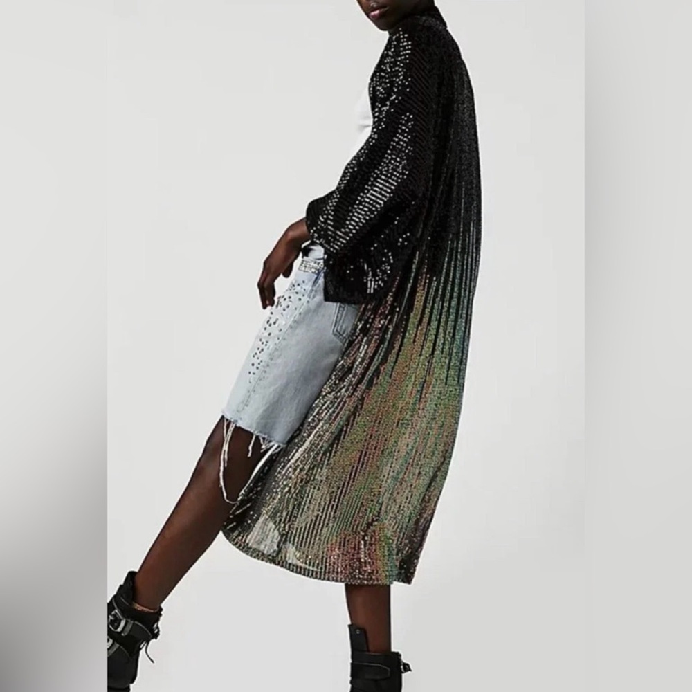 Free People Black Sequin Mesh Cardigan Duster